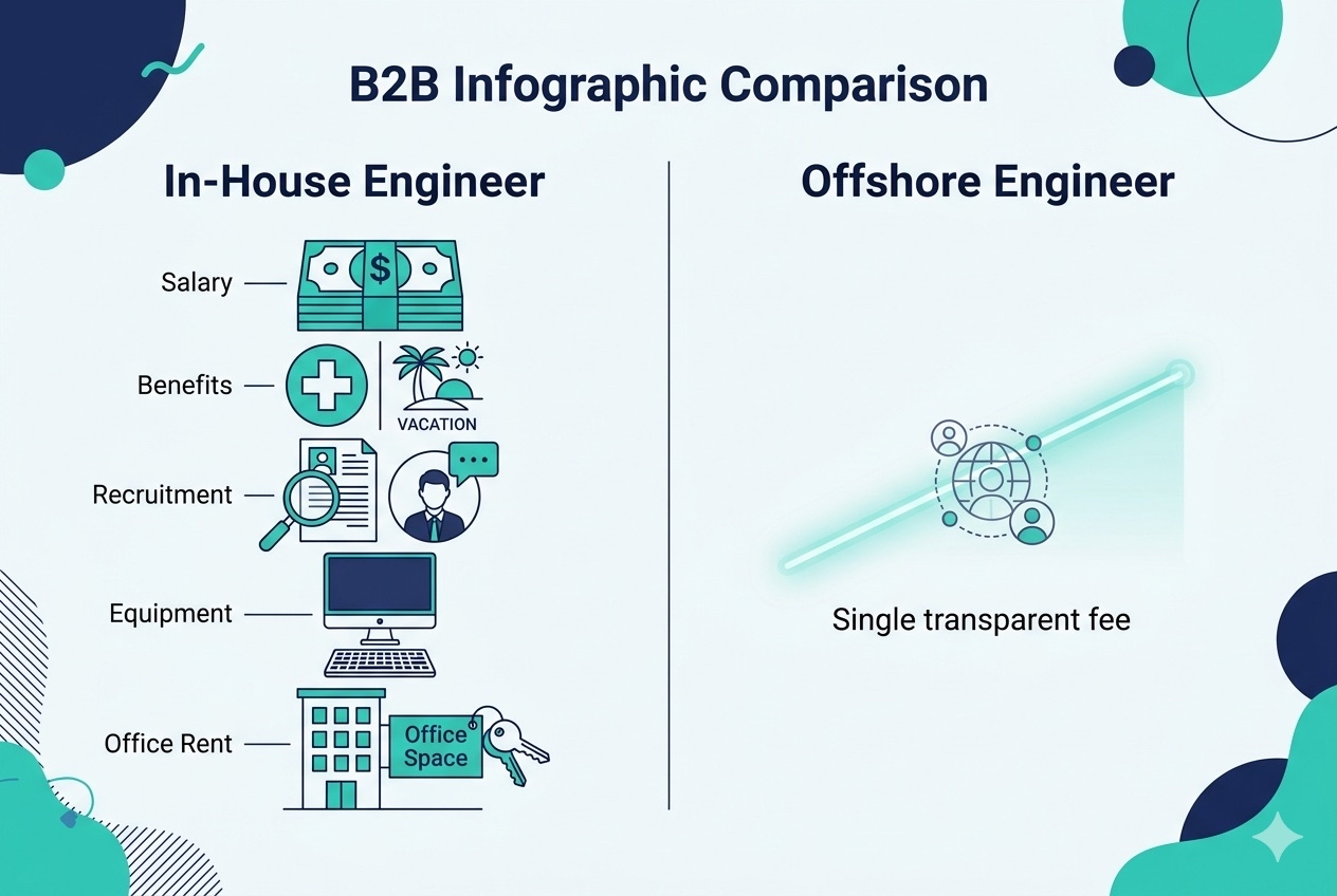 B2B infographic comparing in-house engineer cost stack (salary, benefits, recruitment, equipment, office rent) versus offshore engineer single transparent fee
