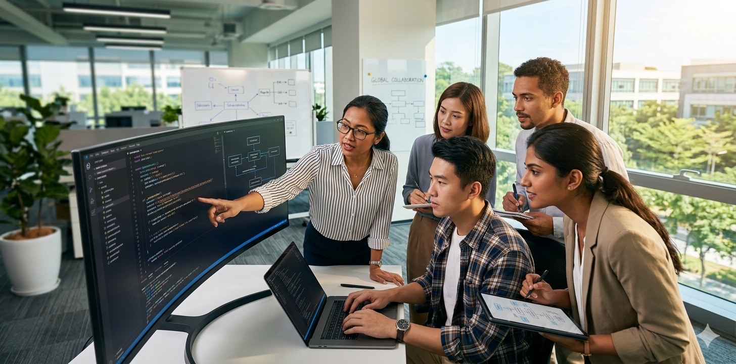 Diverse offshore software engineering team collaborating around shared monitor with code visible, in a bright Asian tech-park office
