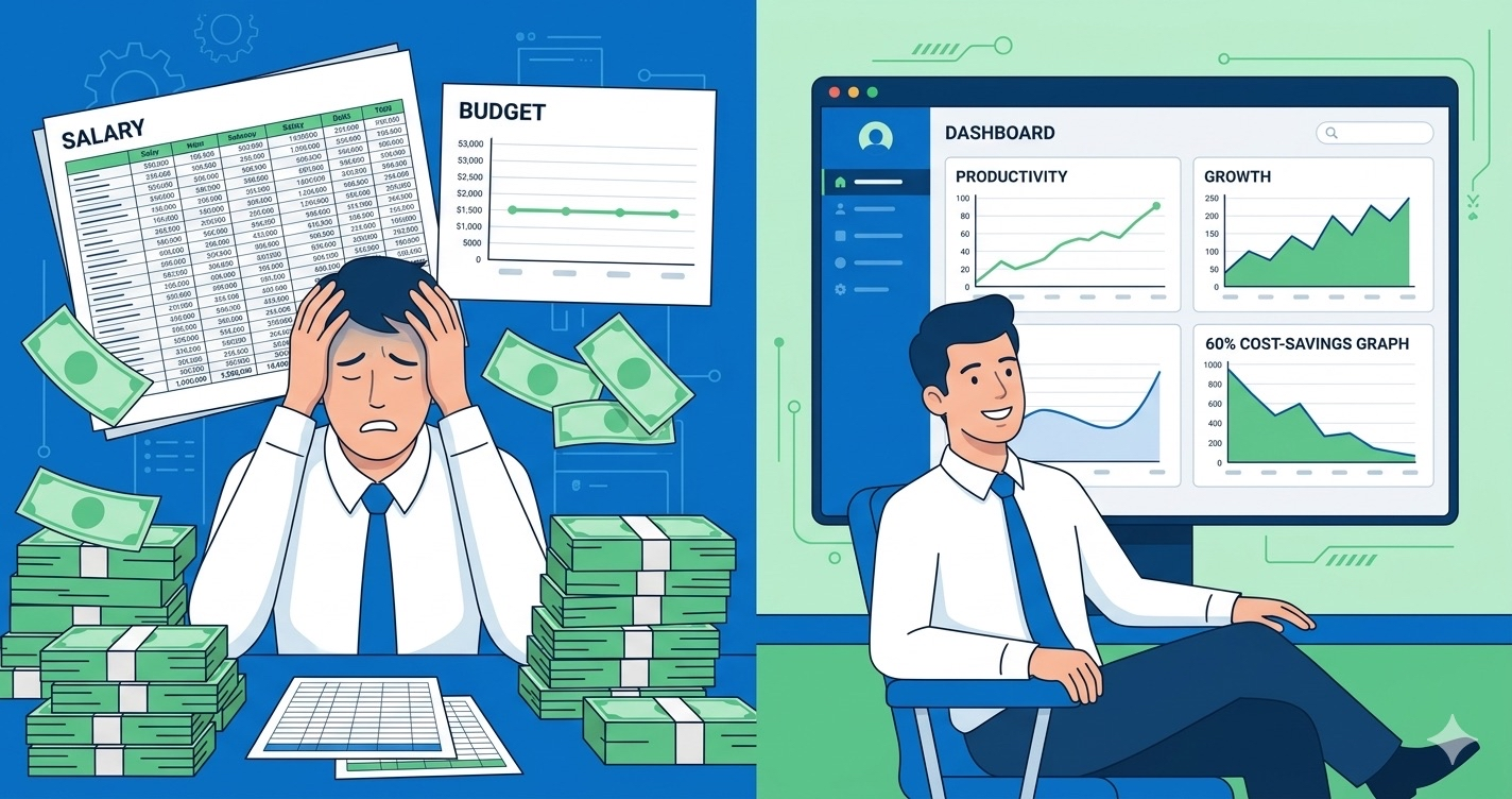 Comparison illustration: an overwhelmed CTO surrounded by cost spreadsheets versus a relaxed CTO viewing a 60% cost-savings dashboard