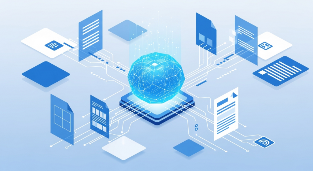 Abstract illustration of an AI brain processing structured documents, blue and white tech aesthetic, isometric style