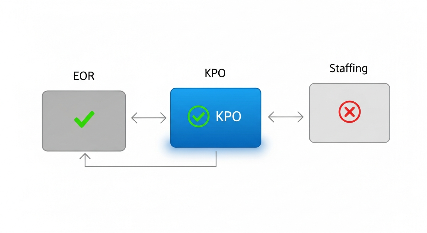 Decision flowchart comparing EOR, KPO, and traditional staffing with criteria checkmarks
