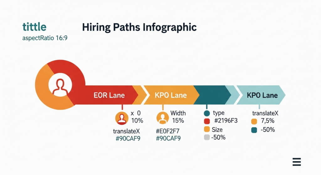 Infographic comparing three engineer hiring models: EOR direct hire, KPO team outsourcing, and traditional staffing agency