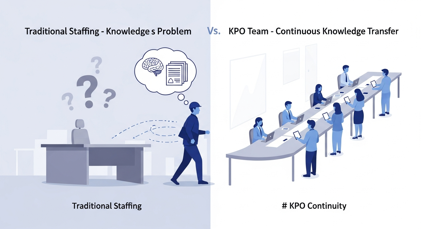 Abstract illustration showing knowledge loss when an engineer leaves in traditional staffing versus continuous knowledge transfer in KPO model