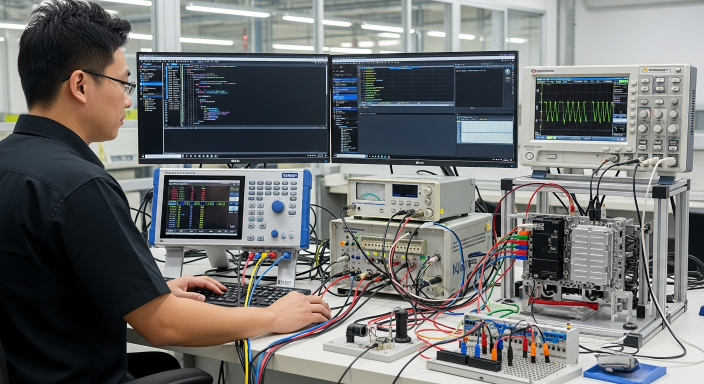 Embedded automotive software engineer working at Tier-1 automotive facility in Taiwan with CAN bus analyzer and ECU test bench