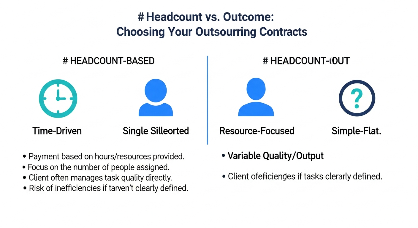 Infographic comparing headcount-based body shop model with outcome-based KPO dedicated team model showing accountability, knowledge and quality differences