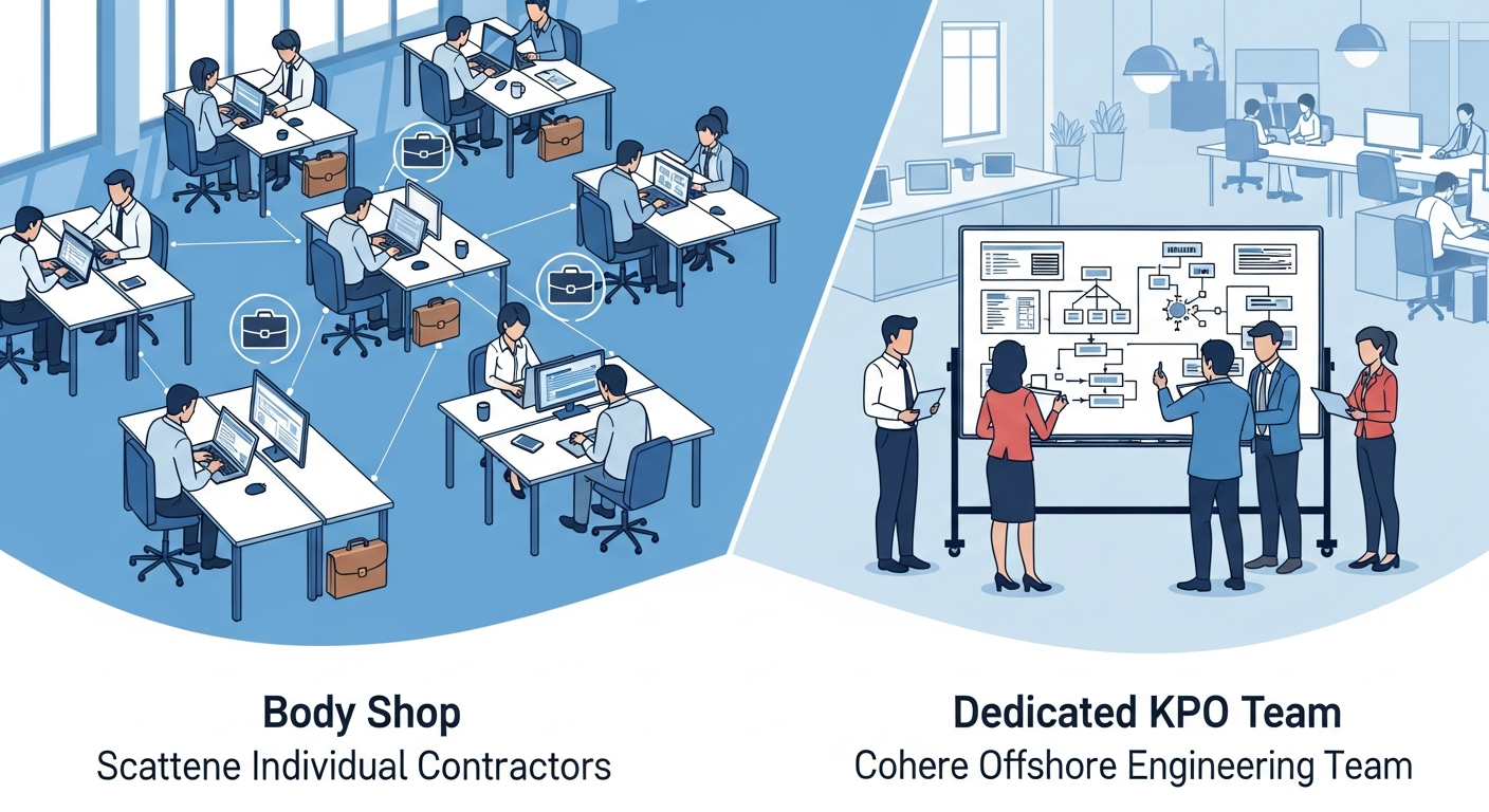 Split illustration comparing body shop contractors at separate desks versus a cohesive dedicated KPO engineering team collaborating on system architecture