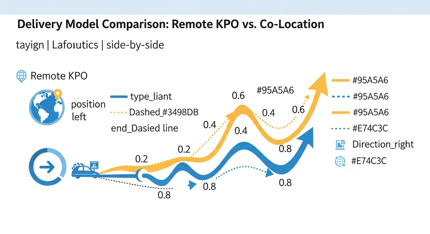 Side-by-side infographic comparing Remote KPO delivery model with Co-Location model showing faster timeline and on-site hardware access advantage