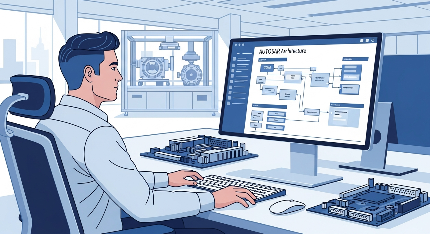 Software engineer working on-site at a Taiwan automotive Tier-1 facility with ECU hardware and AUTOSAR diagrams, co-located with client team member