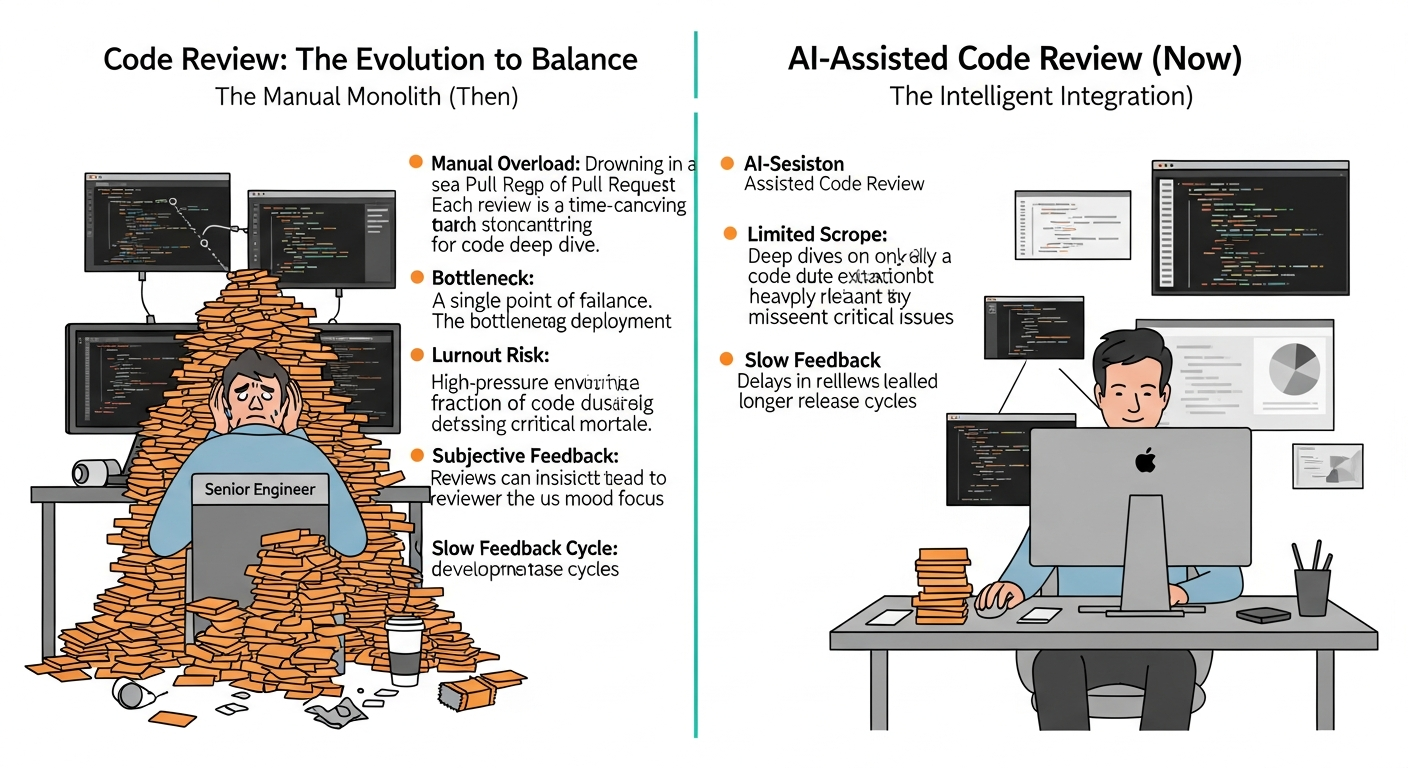 Side-by-side comparison: traditional code review vs AI-assisted review — senior engineer handles 3-4x more PRs with fewer missed defects