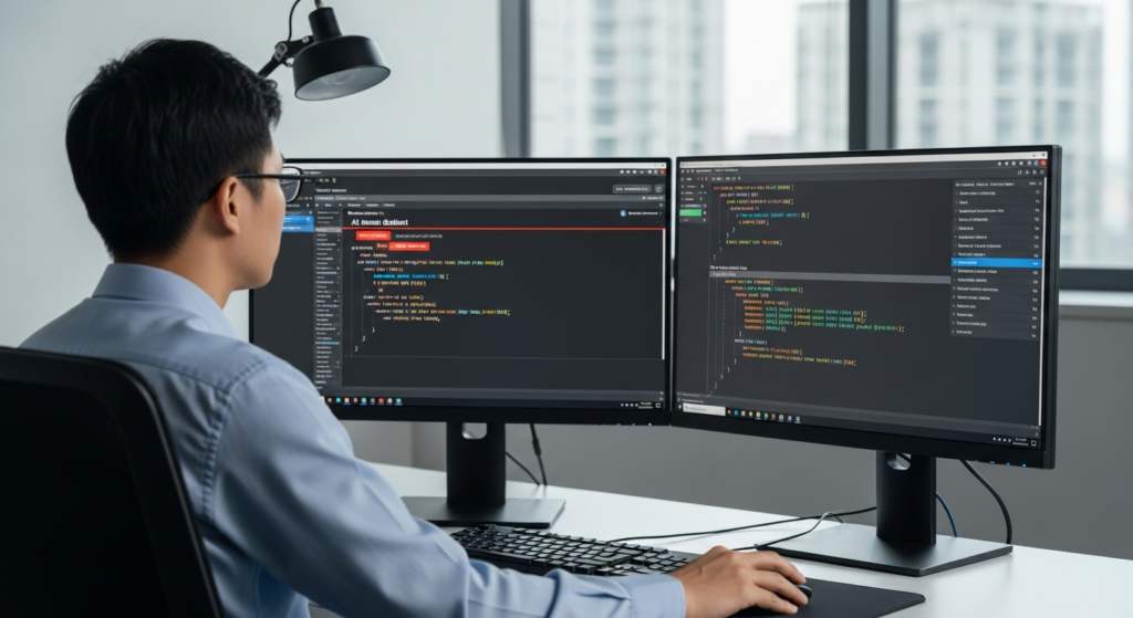 Taiwan firmware engineer reviewing embedded C code with AI assistant highlighting MISRA violations and memory safety issues on dual monitors