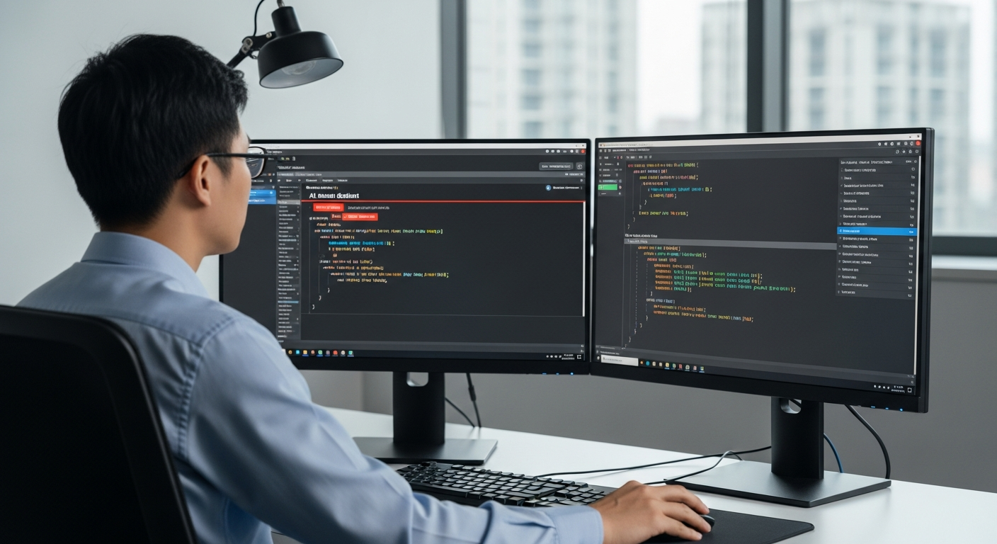 Taiwan firmware engineer reviewing embedded C code with AI assistant highlighting MISRA violations and memory safety issues on dual monitors
