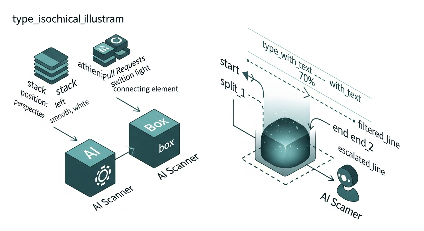 AI code review workflow diagram: PRs flow into AI scanner, 70% filtered automatically, 30% high-risk escalated to senior engineer