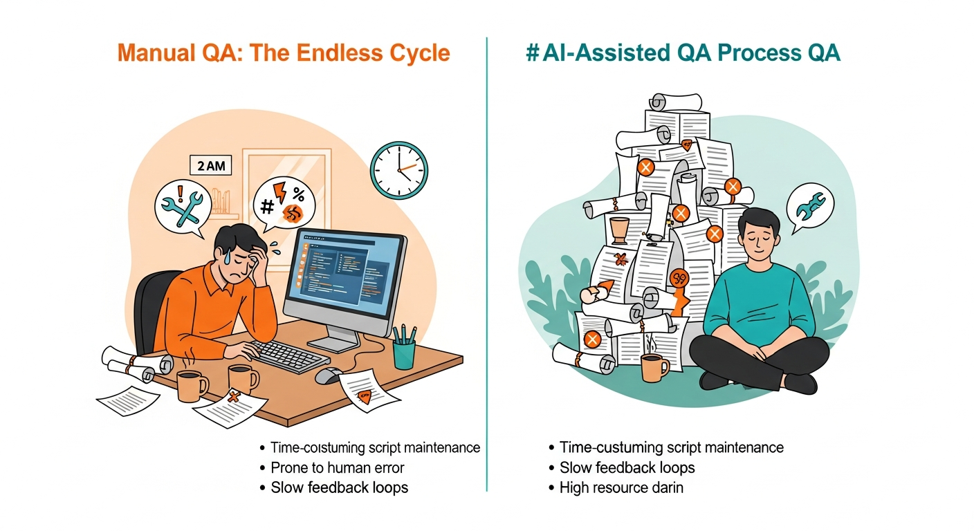 Side by side comparison: manual QA process shows stressed engineer surrounded by broken test scripts, AI-assisted QA shows calm engineer with self-healing automated tests