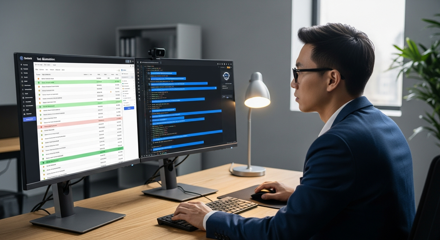Taiwan QA engineer reviewing an AI-generated test case suggestion alongside a test automation dashboard on dual monitors