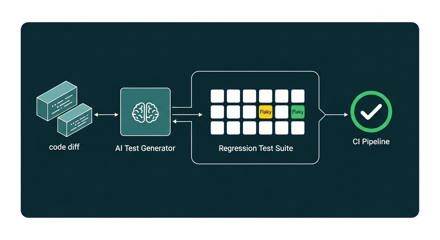 Diagram showing AI QA pipeline: code diff feeds AI test generator, regression suite grid flags flaky tests, CI pipeline passes