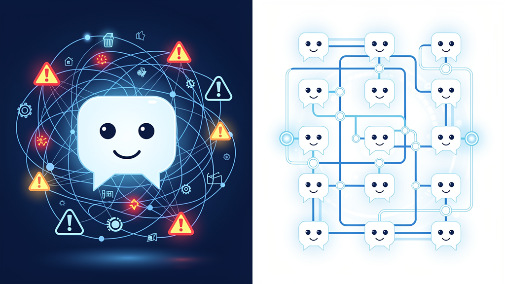 Side by side comparison: single overloaded chatbot with tangled connections vs distributed network of specialized agents working in parallel