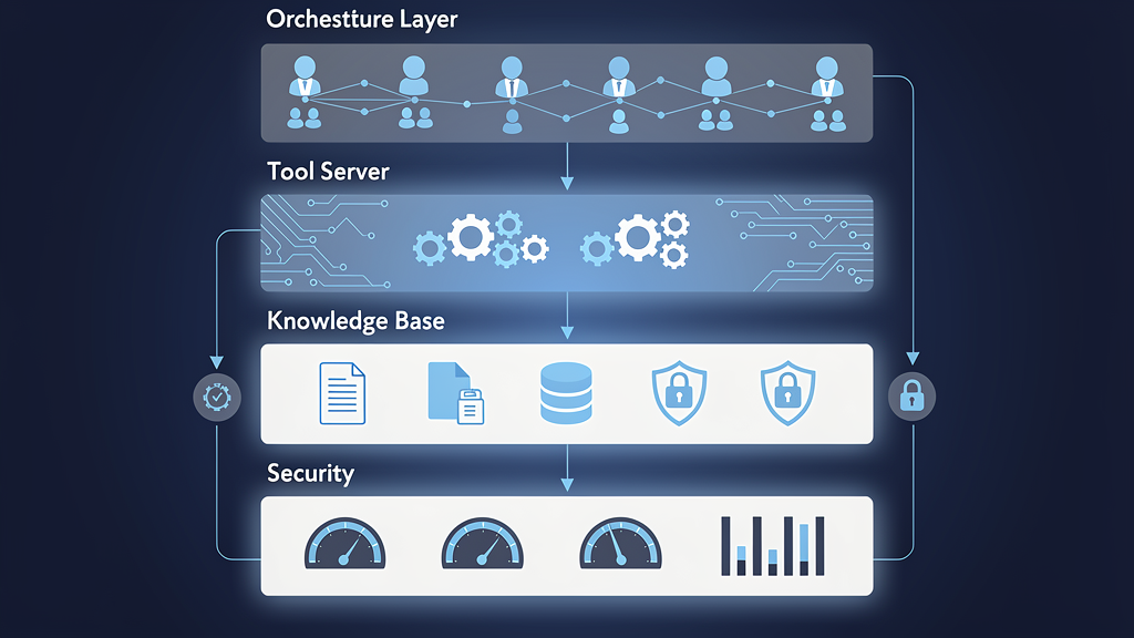 Technical diagram showing five stacked layers: orchestration, tool servers, knowledge base, security, and cost governance