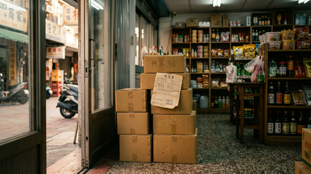台灣街邊小店門口堆著剛送到的紙箱，最上面壓著一張送貨單，店內貨架與商品在後方失焦