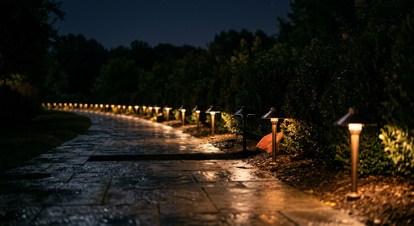 夜間一條濕潤的石板步道沿線排著一整列地燈,全部亮著暖黃色光,只有中段有一盞沒亮,那一段路面落在暗處,遠方燈列繼續延伸,畫面無任何文字